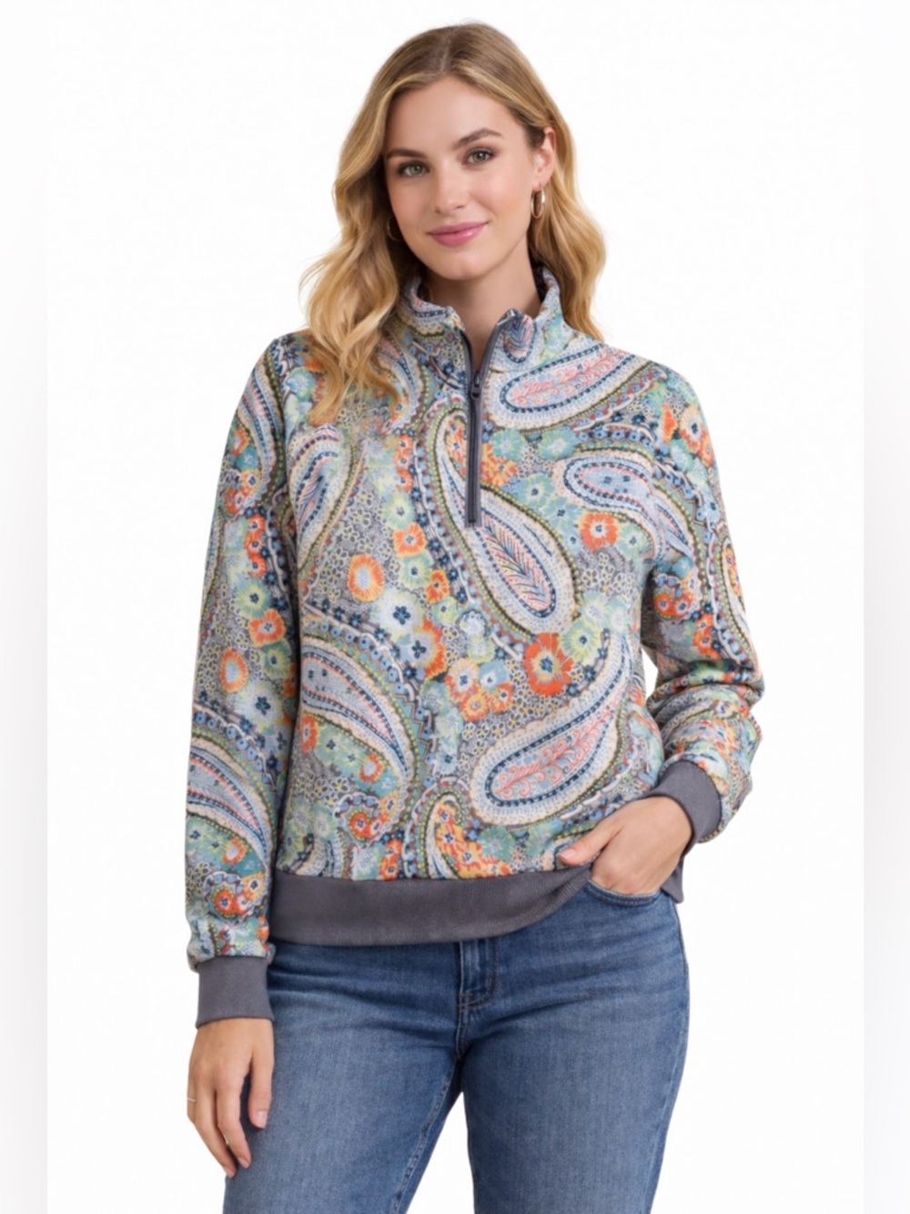 Vera Bradley Paisley Floral Half-Zip Pullover in Gray, Orange, Green, Blue